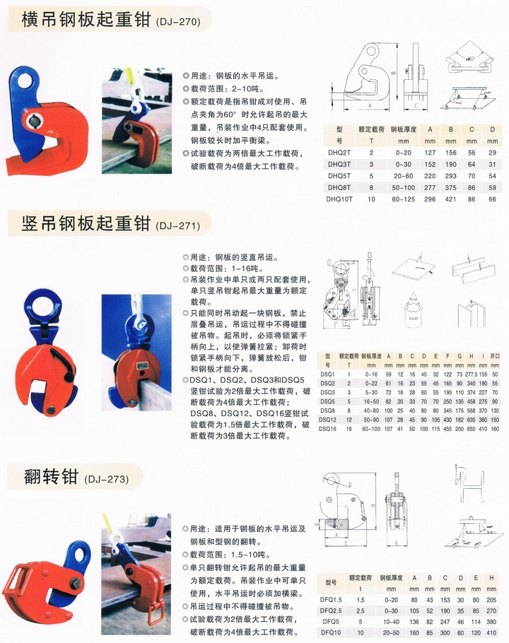 钢板起重钳技术参数